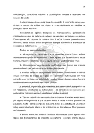 36
microbiologia), consultórios médicos e odontológicos, limpeza e lavanderia em
serviços de saúde.
A diferenciação desses dois tipos de exposição é importante porque con-
diciona o método de análise dos riscos e consequentemente as medidas de
proteção a serem adotadas.
Consideram-se agentes biológicos os microrganismos, geneticamente
modificados ou não; as culturas de células; os parasitas; as toxinas e os príons.
Esses agentes são capazes de provocar dano à saúde humana, podendo causar
infecções, efeitos tóxicos, efeitos alergênicos, doenças autoimunes e a formação de
neoplasias e malformações.
Podem ser assim subdivididos:
a. Microrganismos, formas de vida de dimensões microscópicas, visíveis
individualmente apenas ao microscópio – entre aqueles que causam dano à saúde
humana, incluem-se bactérias, fungos, alguns parasitas (protozoários) e vírus;
b. Microrganismos geneticamente modificados, que tiveram seu material
genético alterado por meio de técnicas de biologia molecular;
c. Culturas de células de organismos multicelulares, o crescimento in vitro de
células derivadas de tecidos ou órgãos de organismos multicelulares em meio
nutriente e em condições de esterilidade – podem causar danos à saúde humana
quando contiverem agentes biológicos patogênicos;
d. Parasitas, organismos que sobrevivem e se desenvolvem às expensas de
um hospedeiro, unicelulares ou multicelulares – as parasitoses são causadas por
protozoários, helmintos (vermes) e artrópodes (piolhos e pulgas);
e. Toxinas, substâncias secretadas (exotoxinas) ou liberadas (endotoxinas)
por alguns microrganismos e que causam danos à saúde humana, podendo até
provocar a morte – como exemplo de exotoxina, temos a secretada pelo Clostridium
tetani, responsável pelo tétano e, de endotoxinas, as liberadas por Meningococcus
ou Salmonella;
f. Príons, estruturas protéicas alteradas relacionadas como agentes etio-
lógicos das diversas formas de encefalite espongiforme – exemplo: a forma bovina,
 