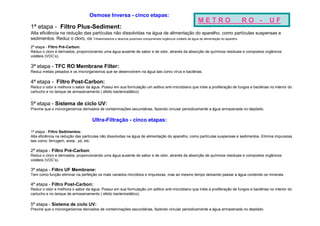 Osmose Inversa - cinco etapas:
                                                                                                  METRO                    RO -            UF
1ª etapa - Filtro Plus-Sediment:
Alta eficiência na redução das partículas não dissolvidas na água de alimentação do aparelho, como partículas suspensas e
sedimentos. Reduz o cloro, os Trihalometanos e absorve possíveis componentes orgânicos voláteis da água de alimentação do aparelho
2ª etapa - Filtro Pré-Carbon:
Reduz o cloro e derivados, proporcionando uma água ausente de sabor e de odor, através da absorção de químicos residuais e compostos orgânicos
voláteis (VOC’s).

3ª etapa - TFC RO Membrane Filter:
Reduz metais pesados e os microrganismos que se desenvolvem na água tais como vírus e bactérias.

4ª etapa - Filtro Post-Carbon:
Reduz o odor e melhora o sabor da água. Possui em sua formulação um aditivo anti-microbiano que inibe a proliferação de fungos e bactérias no interior do
cartucho e no tanque de armazenamento ( efeito bacteriostático)
.
5ª etapa - Sistema de ciclo UV:
Previne que o microrganismos derivados de contaminações secundárias, fazendo circular periodicamente a água armazenada no depósito.


                                    Ultra-Filtração - cinco etapas:

1ª etapa - Filtro Sedimentos:
Alta eficiência na redução das partículas não dissolvidas na água de alimentação do aparelho, como partículas suspensas e sedimentos. Elimina impurezas
tais como: ferrugem, areia, pó, etc.

2ª etapa - Filtro Pré-Carbon:
Reduz o cloro e derivados, proporcionando uma água ausente de sabor e de odor, através da absorção de químicos residuais e compostos orgânicos
voláteis (VOC’s).

3ª etapa - Filtro UF Membrane:
Tem como função eliminar na perfeição os mais variados micróbios e impurezas, mas ao mesmo tempo deixando passar a água contendo os minerais.

4ª etapa - Filtro Post-Carbon:
Reduz o odor e melhora o sabor da água. Possui em sua formulação um aditivo anti-microbiano que inibe a proliferação de fungos e bactérias no interior do
cartucho e no tanque de armazenamento ( efeito bacteriostático).

5ª etapa - Sistema de ciclo UV:
Previne que o microrganismos derivados de contaminações secundárias, fazendo circular periodicamente a água armazenada no depósito.
 