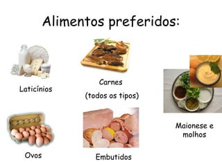 Alimentos preferidos:
Laticínios
Ovos
Carnes
(todos os tipos)
Embutidos
Maionese e
molhos
 