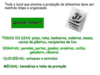 Todo o local que envolve a produção de alimentos deve ser
mantido limpo e organizado.
Quando limpar?
Quando limpar?
TODOS OS DIAS: pisos, ralos, banheiros, cadeiras, mesas,
TODOS OS DIAS: pisos, ralos, banheiros, cadeiras, mesas,
caixas de plástico, recipientes de lixo
caixas de plástico, recipientes de lixo
SEMANAL: paredes, portas, janelas, armários, coifas,
SEMANAL: paredes, portas, janelas, armários, coifas,
geladeira, câmaras
geladeira, câmaras
QUINZENAL: estoques e estrados
QUINZENAL: estoques e estrados
MENSAL: luminárias e telas de proteção
MENSAL: luminárias e telas de proteção
 