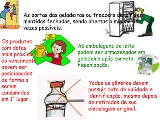 As portas das geladeiras ou freezers devem ser
mantidas fechadas, sendo abertas o mínimo de
vezes possíveis.
As embalagens de leite
podem ser armazenadas em
geladeira após correta
higienização.
Os produtos
com datas
mais próxima
do vencimento
devem ser
posicionados
de forma a
serem
consumidos
em 1° lugar.
Todos os gêneros devem
possuir data de validade e
identificação, mesmo depois
de retirados de sua
embalagem original.
 