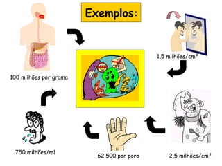 100 milhões por grama
750 milhões/ml
62,500 por poro
1,5 milhões/cm²
2,5 milhões/cm²
Exemplos:
 