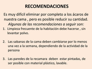 RECOMENDACIONES
Es muy difícil eliminar por completo a los ácaros de
nuestra cama , pero es posible reducir su cantidad.
Algunas de las recomendaciones a seguir son:
1. Limpieza frecuente de la habitación debe hacerse , sin
levantar polvo.
2. Las sabanas de la cama deben cambiarse por lo menos
una vez a la semana, dependiendo de la actividad de la
persona
3. Las paredes de la recamara deben estar pintadas, de
ser posible con material plástico, lavable.
 