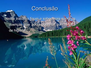 Conclusão  Neste trabalho fiquei a saber mais sobre as doenças que podia apanhar com a falta de higiene.  
