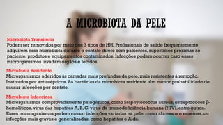 A MICROBIOTA DA PELE
Microbiota Transitória
Podem ser removidos por meio dos 3 tipos de HM. Profissionais de saúde frequentemente
adquirem essa microbiota durante o contato direto com pacientes, superfícies próximas ao
paciente, produtos e equipamentos contaminados. Infecções podem ocorrer caso esses
microrganismos invadam órgãos e tecidos.
Microbiota Residente
Microrganismos aderidos às camadas mais profundas da pele, mais resistentes à remoção.
Inativados por antissépticos. As bactérias da microbiota residente têm menor probabilidade de
causar infecções por contato.
Microbiota Infecciosa
Microrganismos comprovadamente patogênicos, como Staphylococcus aureus, estreptococos -
β
hemolíticos, vírus das hepatites A, B, C, vírus da imunodeficiência humana (HIV), entre outros.
Esses microrganismos podem causar infecções variadas na pele, como abcessos e eczemas, ou
infecções mais graves e generalizadas, como hepatites e Aids.
 