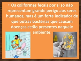 • Os coliformes fecais por si só não
 representam grande perigo aos seres
humanos, mas é um forte indicador de
   que outras bactérias que causam
   doenças estão presentes naquele
              ambiente.
 