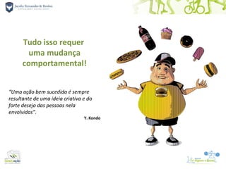 Tudo isso requer
        uma mudança
      comportamental!


“Uma ação bem sucedida é sempre
resultante de uma ideia criativa e do
forte desejo das pessoas nela
envolvidas”.
                                 Y. Kondo
 