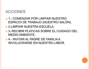 ACCIONES
 1.- COMENZAR POR LIMPIAR NUESTRO
  ESPACIO DE TRABAJO (NUESTRO SALÓN).
 2.LIMPIAR NUESTRA ESCUELA.

 3.-RECIBIR PLATICAS SOBRE EL CUIDADO DEL
  MEDIO AMBIENTE.
 4.- INVITAR AL PADRE DE FAMILIA A
  INVOLUCRARSE EN NUESTRA LABOR.
 