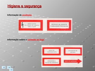 Higiene e segurança Informação de   proibição Informação sobre o  combate ao fogo 