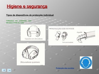 Higiene e segurança Protecção dos ouvidos Tipos de dispositivos de protecção individual Utilizados em ambientes com elevados níveis de ruído 