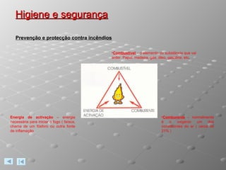 Higiene e segurança Prevenção e protecção contra incêndios Combustível   – o elemento ou substância que vai arder. Papel, madeira, gás, óleo, gasolina, etc . Comburente  – normalmente é o oxigénio um dos constituintes do ar ( cerca de 21% ) Energia de activação  – energia necessária para iniciar o fogo ( faísca, chama de um fósforo ou outra fonte de inflamação 