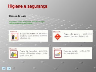 Higiene e segurança Classes de fogos Segundo a norma Portuguesa, NP EN2, os fogos classificam-se em quatro classes: 