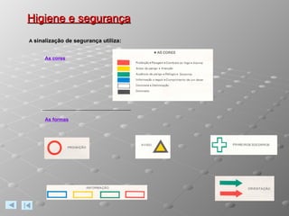 Higiene e segurança A  sinalização de segurança utiliza: As formas As cores 