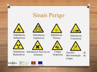 Sinais Perigo
Raquel Correia nº25
1ºTC
Substâncias
Inflamáveis
Substâncias
Explosivas
Substâncias
Tóxicas
Substâncias
Corrosivas
Substâncias
Radioativas
Substâncias Nocivas ou
Irritantes
Cargas
Suspensas
Veículos de
Movimentação de
Cargas
 