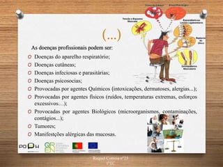 (…)
As doenças profissionais podem ser:
Raquel Correia nº25
1ºTC
O Doenças do aparelho respiratório;
O Doenças cutâneas;
O Doenças infeciosas e parasitárias;
O Doenças psicosocias;
O Provocadas por agentes Químicos (intoxicações, dermatoses, alergias...);
O Provocadas por agentes físicos (ruídos, temperaturas extremas, esforços
excessivos…);
O Provocadas por agentes Biológicos (microorganismos, contaminações,
contágios...);
O Tumores;
O Manifestções alérgicas das mucosas.
 