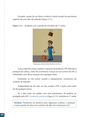 102
Exemplo: queda de um bloco cerâmico (tijolo furado) do pavimento
superior de uma obra de sobrado (Figura 5.11).
Figura 5.11 – Acidente com a queda de um tijolo do 1º andar.
Ilustração: Jandecleidson Monteiro da Silva
Caso o operário esteja usando o capacete de proteção, EPI indicado à
proteção da cabeça, nada lhe acontecerá. Graças ao uso correto do EPI, o
trabalhador sairá dessa situação sem qualquer lesão.
Entretanto, se não estiver usando o equipamento, acontecerá um
acidente de trabalho.
Independente de ele estar ou não usando o EPI, o tijolo cairá sobre
ele de qualquer forma.
Se a obra fosse um prédio com mais pavimentos, ele poderia ser
protegido pelo EPC, bandeja de proteção (Figura 5.12), instalada no 1º andar.
Bandeja: Plataforma de periferia para segurança coletiva e proteção
contra quedas de altura em canteiros de obra da construção civil.
 