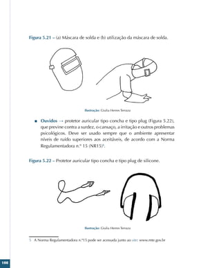 108
Figura 5.21 – (a) Máscara de solda e (b) utilização da máscara de solda.
Ilustração: Giulia Herres Terraza
■
■ Ouvidos → protetor auricular tipo concha e tipo plug (Figura 5.22),
que previne contra a surdez, o cansaço, a irritação e outros problemas
psicológicos. Deve ser usado sempre que o ambiente apresentar
níveis de ruído superiores aos aceitáveis, de acordo com a Norma
Regulamentadora n.º 15 (NR15)5
.
Figura 5.22 – Protetor auricular tipo concha e tipo plug de silicone.
Ilustração: Giulia Herres Terraza
5 A Norma Regulamentadora n.º15 pode ser acessada junto ao site: www.mte.gov.br
 