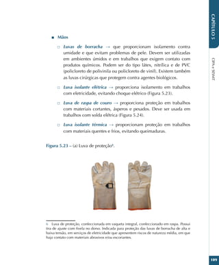 CIPA
e
SESMT
109
CAPÍTULO
5
■
■ Mãos
□
□ Luvas de borracha → que proporcionam isolamento contra
umidade e que evitam problemas de pele. Devem ser utilizadas
em ambientes úmidos e em trabalhos que exigem contato com
produtos químicos. Podem ser do tipo látex, nitrílica e de PVC
(policloreto de polivinila ou policloreto de vinil). Existem também
as luvas cirúrgicas que protegem contra agentes biológicos.
□
□ Luva isolante elétrica → proporciona isolamento em trabalhos
com eletricidade, evitando choque elétrico (Figura 5.23).
□
□ Luva de raspa de couro → proporciona proteção em trabalhos
com materiais cortantes, ásperos e pesados. Deve ser usada em
trabalhos com solda elétrica (Figura 5.24).
□
□ Luva isolante térmica → proporcionam proteção em trabalhos
com materiais quentes e frios, evitando queimaduras.
Figura 5.23 – (a) Luva de proteção6
.
6 Luva de proteção, confeccionada em vaqueta integral, confeccionado em raspa. Possui
tira de ajuste com fivela no dorso. Indicada para proteção das luvas de borracha de alta e
baixa tensão, em serviços de eletricidade que apresentem riscos de natureza média, em que
haja contato com materiais abrasivos e/ou escoriantes.
 