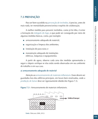 NOÇÕES,
CONTROLE
E
PREVENÇÃO
DE
INCÊNDIO
133
CAPÍTULO
7
7.5 PREVENÇÃO
Para ser bem sucedido na prevenção de incêndios, é preciso, antes de
mais nada, ter mentalidade prevencionista e espírito de colaboração.
A melhor medida para prevenir incêndios, como já foi dito, é evitar
a formação do triângulo do fogo, o que pode ser conseguido por meio de
algumas medidas básicas, como, por exemplo:
■
■ armazenamento adequado de material;
■
■ organização e limpeza dos ambientes;
■
■ instalação de para-raios; e
■
■ manutenção adequada de instalações
elétricas, máquinas e equipamentos.
A partir de agora, observe cada uma das medidas apresentadas a
seguir e depois verifique se elas estão sendo observadas em seu ambiente
de trabalho e em sua casa.
a) armazenamento adequado de material
Atenção ao armazenamento de materiais inflamáveis. Esses devem ser
guardados fora dos edifícios principais, em locais bem sinalizados, onde a
proibição de fumar deve ser rigorosamente obedecida (Figura 7.3).
Figura 7.3 - Armazenamento de materiais inflamáveis.
Fonte: (Telecurso 2000, 2012)
 