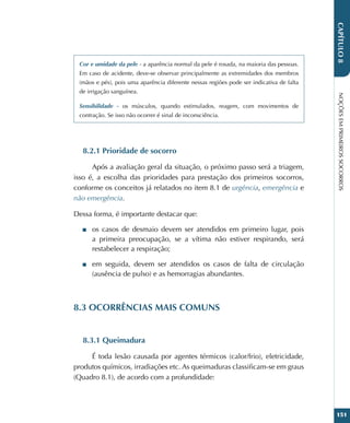 NOÇÕES
EM
PRIMEIROS
SOCORROS
151
CAPÍTULO
8
Cor e umidade da pele - a aparência normal da pele é rosada, na maioria das pessoas.
Em caso de acidente, deve-se observar principalmente as extremidades dos membros
(mãos e pés), pois uma aparência diferente nessas regiões pode ser indicativa de falta
de irrigação sanguínea.
Sensibilidade - os músculos, quando estimulados, reagem, com movimentos de
contração. Se isso não ocorrer é sinal de inconsciência.
8.2.1 Prioridade de socorro
Após a avaliação geral da situação, o próximo passo será a triagem,
isso é, a escolha das prioridades para prestação dos primeiros socorros,
conforme os conceitos já relatados no item 8.1 de urgência, emergência e
não emergência.
Dessa forma, é importante destacar que:
■
■ os casos de desmaio devem ser atendidos em primeiro lugar, pois
a primeira preocupação, se a vítima não estiver respirando, será
restabelecer a respiração;
■
■ em seguida, devem ser atendidos os casos de falta de circulação
(ausência de pulso) e as hemorragias abundantes.
8.3 OCORRÊNCIAS MAIS COMUNS
8.3.1 Queimadura
É toda lesão causada por agentes térmicos (calor/frio), eletricidade,
produtos químicos, irradiações etc. As queimaduras classificam-se em graus
(Quadro 8.1), de acordo com a profundidade:
 