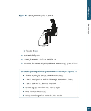 ERGONOMIA
181
CAPÍTULO
9
Figura 9.4 – Espaço correto para as pernas.
c) Posição de pé:
■
■ altamente fadigante;
■
■ o coração encontra maiores resistências;
■
■ trabalhos dinâmicos em pé apresentam menos fadiga que o estático.
Recomendações ergonômicas para quem trabalha em pé (Figura 9.5):
■
■ alterne as posições em pé / sentada / andando;
■
■ a altura da superfície de trabalho em pé depende da tarefa;
■
■ a altura da bancada deve ser ajustável;
■
■ reserve espaço suficiente para pernas e pés;
■
■ evite alcances excessivos;
■
■ coloque uma superfície inclinada para leitura.
 
