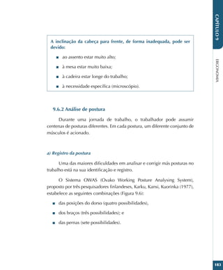ERGONOMIA
183
CAPÍTULO
9
A inclinação da cabeça para frente, de forma inadequada, pode ser
devido:
■
■ ao assento estar muito alto;
■
■ à mesa estar muito baixa;
■
■ à cadeira estar longe do trabalho;
■
■ à necessidade específica (microscópio).
9.6.2 Análise de postura
Durante uma jornada de trabalho, o trabalhador pode assumir
centenas de posturas diferentes. Em cada postura, um diferente conjunto de
músculos é acionado.
a) Registro da postura
Uma das maiores dificuldades em analisar e corrigir más posturas no
trabalho está na sua identificação e registro.
O Sistema OWAS (Ovako Working Posture Analysing System),
proposto por três pesquisadores finlandeses, Karku, Kansi, Kuorinka (1977),
estabelece as seguintes combinações (Figura 9.6):
■
■ das posições do dorso (quatro possibilidades),
■
■ dos braços (três possibilidades); e
■
■ das pernas (sete possibilidades).
 