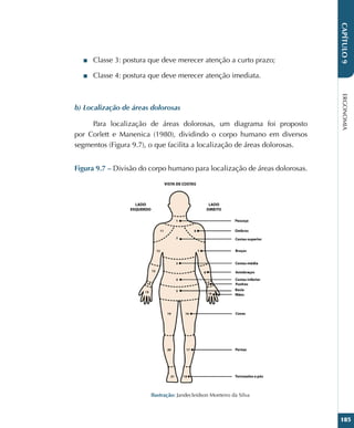 ERGONOMIA
185
CAPÍTULO
9
■
■ Classe 3: postura que deve merecer atenção a curto prazo;
■
■ Classe 4: postura que deve merecer atenção imediata.
b) Localização de áreas dolorosas
Para localização de áreas dolorosas, um diagrama foi proposto
por Corlett e Manenica (1980), dividindo o corpo humano em diversos
segmentos (Figura 9.7), o que facilita a localização de áreas dolorosas.
Figura 9.7 – Divisão do corpo humano para localização de áreas dolorosas.
Ilustração: Jandecleidson Monteiro da Silva
 