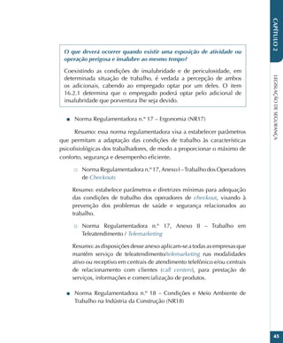 LEGISLAÇÃO
DE
SEGURANÇA
45
CAPÍTULO
2
O que deverá ocorrer quando existir uma exposição de atividade ou
operação perigosa e insalubre ao mesmo tempo?
Coexistindo as condições de insalubridade e de periculosidade, em
determinada situação de trabalho, é vedada a percepção de ambos
os adicionais, cabendo ao empregado optar por um deles. O item
16.2.1 determina que o empregado poderá optar pelo adicional de
insalubridade que porventura lhe seja devido.
■
■ Norma Regulamentadora n.º 17 – Ergonomia (NR17)
Resumo: essa norma regulamentadora visa a estabelecer parâmetros
que permitam a adaptação das condições de trabalho às características
psicofisiológicas dos trabalhadores, de modo a proporcionar o máximo de
conforto, segurança e desempenho eficiente.
□
□ Norma Regulamentadora n.º 17,Anexo I –Trabalho dos Operadores
de Checkouts
Resumo: estabelece parâmetros e diretrizes mínimas para adequação
das condições de trabalho dos operadores de checkout, visando à
prevenção dos problemas de saúde e segurança relacionados ao
trabalho.
□
□ Norma Regulamentadora n.º 17, Anexo II – Trabalho em
Teleatendimento / Telemarketing
Resumo: as disposições desse anexo aplicam-se a todas as empresas que
mantêm serviço de teleatendimento/telemarketing nas modalidades
ativo ou receptivo em centrais de atendimento telefônico e/ou centrais
de relacionamento com clientes (call centers), para prestação de
serviços, informações e comercialização de produtos.
■
■ Norma Regulamentadora n.º 18 – Condições e Meio Ambiente de
Trabalho na Indústria da Construção (NR18)
 