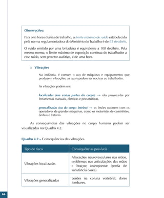 66
Observações:
Para oito horas diárias de trabalho, o limite máximo de ruído estabelecido
pela norma regulamentadora do Ministério do Trabalho é de 85 decibéis.
O ruído emitido por uma britadeira é equivalente a 100 decibéis. Pela
mesma norma, o limite máximo de exposição contínua do trabalhador a
esse ruído, sem protetor auditivo, é de uma hora.
□
□ Vibrações
Na indústria, é comum o uso de máquinas e equipamentos que
produzem vibrações, as quais podem ser nocivas ao trabalhador.
As vibrações podem ser:
localizadas (em certas partes do corpo) → são provocadas por
ferramentas manuais, elétricas e pneumáticas.
generalizadas (ou do corpo inteiro) → as lesões ocorrem com os
operadores de grandes máquinas, como os motoristas de caminhões,
ônibus e tratores.
As consequências das vibrações no corpo humano podem ser
visualizadas no Quadro 4.2.
Quadro 4.2 – Consequências das vibrações.
Tipo de risco Consequências possíveis
Vibrações localizadas
Alterações neurovasculares nas mãos,
problemas nas articulações das mãos
e braços; osteoporose (perda de
substância óssea).
Vibrações generalizadas
Lesões na coluna vertebral; dores
lombares.
 