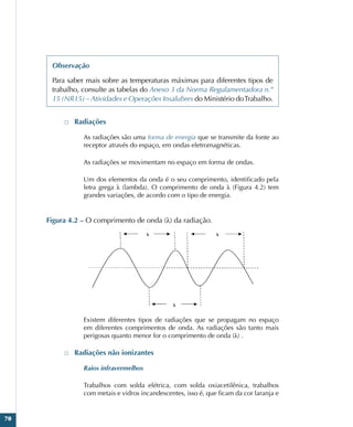70
Observação
Para saber mais sobre as temperaturas máximas para diferentes tipos de
trabalho, consulte as tabelas do Anexo 3 da Norma Regulamentadora n.º
15 (NR15) –Atividades e Operações Insalubres do Ministério doTrabalho.
□
□ Radiações
As radiações são uma forma de energia que se transmite da fonte ao
receptor através do espaço, em ondas eletromagnéticas.
As radiações se movimentam no espaço em forma de ondas.
Um dos elementos da onda é o seu comprimento, identificado pela
letra grega λ (lambda). O comprimento de onda λ (Figura 4.2) tem
grandes variações, de acordo com o tipo de energia.
Figura 4.2 – O comprimento de onda (λ) da radiação.
Existem diferentes tipos de radiações que se propagam no espaço
em diferentes comprimentos de onda. As radiações são tanto mais
perigosas quanto menor for o comprimento de onda (λ) .
□
□ Radiações não ionizantes
Raios infravermelhos
Trabalhos com solda elétrica, com solda oxiacetilênica, trabalhos
com metais e vidros incandescentes, isso é, que ficam da cor laranja e
 