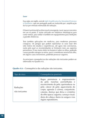 72
Laser
Essa sigla, em inglês, vem de LightAmplification by Stimulated Emission
of Radiation, que em português pode ser traduzido por: amplificação
da luz por emissão estimulada de radiação.
Olaseréumfeixedeluzdirecionalconvergente,issoé,queseconcentra
em um só ponto. É muito utilizado em indústrias metalúrgicas para
cortar metais, para soldar e também em equipamentos para medições
a grandes distâncias.
Tem também aplicações em medicina, para modernos processos
cirúrgicos. Os perigos que podem representar os raios laser têm
sido motivo de estudos e experiências, até agora não conclusivos,
razão pela qual as recomendações se limitarem mais aos aspectos
preventivos. O seu maior efeito no homem é sobre os olhos, podendo
causar grandes estragos na retina, que é a membrana sensível do olho,
em alguns casos irreversíveis, podendo provocar cegueira.
As principais consequências das radiações não ionizantes podem ser
observadas no Quadro 4.6.
Quadro 4.6 – Consequência das radiações não ionizantes.
Tipo de risco Consequências possíveis
Radiações
não ionizantes
Rugas prematuras e engrossamento
da pele; manchas avermelhadas e
escurecimento da pele; queimaduras na
pele; câncer de pele; aquecimento do
corpo; agressão à córnea; conjuntivite;
catarata, doença que deixa o cristalino
do olho opaco; cegueira; cansaço visual;
dores de cabeça; danos no sangue e nos
órgãos reprodutores.
 