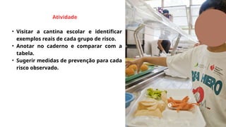 Atividade
• Visitar a cantina escolar e identificar
exemplos reais de cada grupo de risco.
• Anotar no caderno e comparar com a
tabela.
• Sugerir medidas de prevenção para cada
risco observado.
 