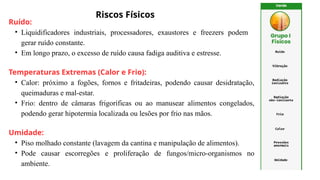 Riscos Físicos
Ruído:
• Liquidificadores industriais, processadores, exaustores e freezers podem
gerar ruído constante.
• Em longo prazo, o excesso de ruído causa fadiga auditiva e estresse.
Temperaturas Extremas (Calor e Frio):
• Calor: próximo a fogões, fornos e fritadeiras, podendo causar desidratação,
queimaduras e mal-estar.
• Frio: dentro de câmaras frigoríficas ou ao manusear alimentos congelados,
podendo gerar hipotermia localizada ou lesões por frio nas mãos.
Umidade:
• Piso molhado constante (lavagem da cantina e manipulação de alimentos).
• Pode causar escorregões e proliferação de fungos/micro-organismos no
ambiente.
 