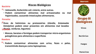 Bactéria
s:• Salmonella, Escherichia coli, Listeria, entre outras.
• Podem contaminar alimentos mal armazenados ou mal
higienizados, causando intoxicações alimentares.
Parasita
s:
• Ovos de helmintos ou protozoários (Giardia, Entamoeba
histolytica) podem estar presentes em alimentos mal lavados
(frutas, verduras, legumes)
Insetos:
• Moscas, baratas e formigas podem transportar micro-organismos
patogênicos para alimentos e superfícies
Riscos Biológicos
Roedore
s:• Podem contaminar alimentos com urina, fezes e pelos,
transmitindo doenças como leptospirose.
 