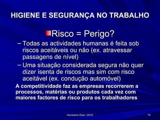 HIGIENE E SEGURANÇA NO TRABALHO Risco = Perigo? Todas as actividades humanas é feita sob riscos aceitáveis ou não (ex. atravessar passagens de nível) Uma situação considerada segura não quer dizer isenta de riscos mas sim com risco aceitável (ex. condução automóvel) A competitividade faz as empresas recorrerem a processos, matérias ou produtos cada vez com maiores factores de risco para os trabalhadores 