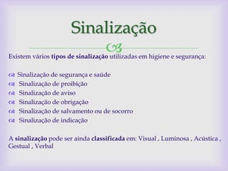 Sinalização
                          
Existem vários tipos de sinalização utilizadas em higiene e segurança:

   Sinalização de segurança e saúde
   Sinalização de proibição
   Sinalização de aviso
   Sinalização de obrigação
   Sinalização de salvamento ou de socorro
   Sinalização de indicação

A sinalização pode ser ainda classificada em: Visual , Luminosa , Acústica ,
Gestual , Verbal
 