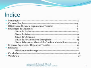 Índice
   Introdução-----------------------------------------------------------------------3
   Concetualização----------------------------------------------------------------4
   Objetivos da Higiene e Segurança no Trabalho-----------------------------5
   Sinalização de Segurança------------------------------------------------------6
           -Sinais de Proibição-----------------------------------------------------7
           -Sinais de Aviso----------------------------------------------------------9
           -Sinais de Obrigação----------------------------------------------------11
           -Sinais de Salvamento ou Emergência--------------------------------13
           -Sinais Relativos ao Material de Combate a Incêndios--------------15
   Regras de Segurança e Higiene no Trabalho---------------------------------17
   Sindicatos------------------------------------------------------------------------21
            -Sindicatos em Portugal-----------------------------------------------22
   Conclusão------------------------------------------------------------------------26
   Web Grafia------------------------------------------------------------------------27


                         Agrupamento de Escolas de Ribeira de
                         Pena/Núcleo de Cerva/7ºD/Ano letivo 2011/2012                     2
 