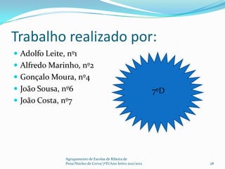 Trabalho realizado por:
 Adolfo Leite, nº1
 Alfredo Marinho, nº2
 Gonçalo Moura, nº4
 João Sousa, nº6                                              7ºD
 João Costa, nº7




               Agrupamento de Escolas de Ribeira de
               Pena/Núcleo de Cerva/7ºD/Ano letivo 2011/2012         28
 