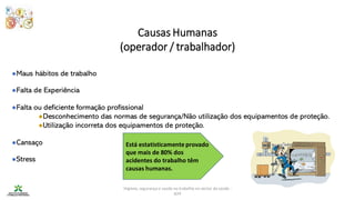 Higiene, segurança e saúde no trabalho no sector da saúde -
IEFP
Causas Humanas
(operador / trabalhador)
●Maus hábitos de trabalho
●Falta de Experiência
●Falta ou deficiente formação profissional
●Desconhecimento das normas de segurança/Não utilização dos equipamentos de proteção.
●Utilização incorreta dos equipamentos de proteção.
●Cansaço
●Stress
Está estatisticamente provado
que mais de 80% dos
acidentes do trabalho têm
causas humanas.
 
