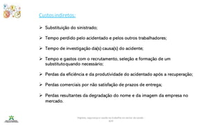Higiene, segurança e saúde no trabalho no sector da saúde -
IEFP
Custos indiretos:
➢ Substituição do sinistrado;
➢ Tempo perdido pelo acidentado e pelos outros trabalhadores;
➢ Tempo de investigação da(s) causa(s) do acidente;
➢ Tempo e gastos com o recrutamento, seleção e formação de um
substitutoquando necessário;
➢ Perdas da eficiência e da produtividade do acidentado após a recuperação;
➢ Perdas comerciais por não satisfação de prazos de entrega;
➢ Perdas resultantes da degradação do nome e da imagem da empresa no
mercado.
 