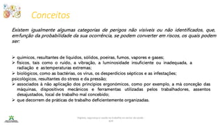 Conceitos
Higiene, segurança e saúde no trabalho no sector da saúde -
IEFP
Existem igualmente algumas categorias de perigos não visíveis ou não identificados, que,
emfunção da probabilidade da sua ocorrência, se podem converter em riscos, os quais podem
ser:
➢ químicos, resultantes de líquidos, sólidos, poeiras, fumos, vapores e gases;
➢ físicos, tais como o ruído, a vibração, a luminosidade insuficiente ou inadequada, a
radiação e astemperaturas extremas;
➢ biológicos, como as bactérias, os vírus, os desperdícios sépticos e as infestações;
psicológicos, resultantes do stress e da pressão;
➢ associados à não aplicação dos princípios ergonómicos, como por exemplo, a má conceção das
máquinas, dispositivos mecânicos e ferramentas utilizadas pelos trabalhadores, assentos
desajustados, local de trabalho mal concebido;
➢ que decorrem de práticas de trabalho deficientemente organizadas.
 