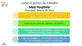 Higiene, segurança e saúde no trabalho no sector da saúde -
IEFP
Violência por parte dos membros do público.
• Esforços músculo-esqueléticos – posturas de
trabalho incorretas, cargas pesadas.
• Agentes biológicos – micro-organismos, vírus, por
ex. HIV e hepatite B, sangue contaminado.
Acidentes de trabalho – quedas, cortes, lesões com
agulhas, choques elétricos, etc.
 