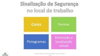 Higiene, segurança e saúde no trabalho no sector da saúde -
IEFP
Pictogramas
Dimensão e
localização
visível
Formas
Cores
 