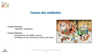 Higiene, segurança e saúde no trabalho no sector da saúde -
IEFP
Causas dos acidentes
• Causas Humanas
• Operador / trabalhador
• Causas Materiais
• Equipamentos de trabalho e lay-out
• Condições de risco inerentes ao exercício da tarefa
 