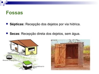 Fossas
 Sépticas: Recepção dos dejetos por via hídrica.
 Secas: Recepção direta dos dejetos, sem água.
 