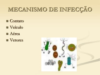 MECANISMO DE INFECÇÃO
 Contato
 Veículo
 Aérea
 Vetores
 