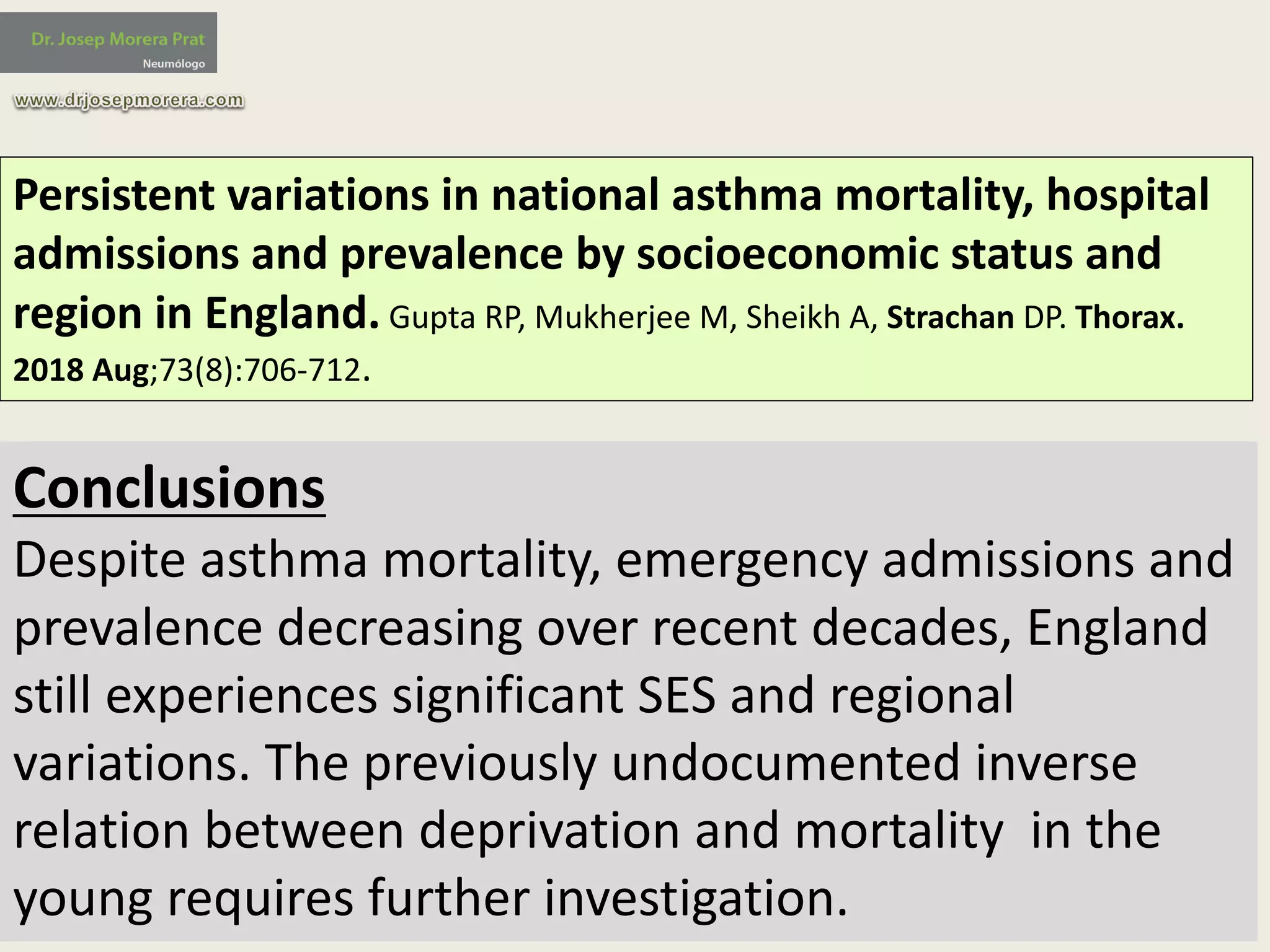 Persistent	variations	in	national	asthma	mortality,	hospital	
admissions	and	prevalence	by	socioeconomic	status	and	
region	in	England. Gupta	RP,	Mukherjee	M,	Sheikh	A,	Strachan DP.	Thorax.	
2018	Aug;73(8):706-712.
Conclusions
Despite	asthma	mortality,	emergency	admissions	and	
prevalence	decreasing	over	recent	decades,	England	
still	experiences	significant	SES	and	regional	
variations.	The	previously	undocumented	inverse	
relation	between	deprivation	and	mortality	 in	the	
young	requires	further	investigation.
 