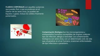 FLUIDOS CORPORALES son aquellas sustancias 
que pueden fluir o que se producen en el 
interior de los seres vivos, ya pueden ser 
líquidos o gases, incluso los sólidos finamente 
pulverizados. 
Contaminación Biológica Son los microorganismos y 
endoparásitos humanos susceptibles de originar cualquier 
tipo de infección, alergia o toxicidad. Los contaminantes 
biológicos son seres vivos, con un determinado ciclo de vida 
que, al penetrar en el ser humano, ocasionan enfermedades 
de tipo infeccioso o parasitario. 
 