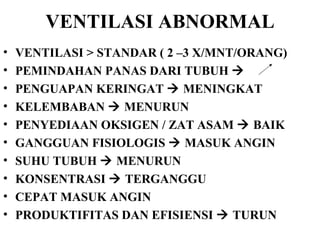 VENTILASI ABNORMAL VENTILASI > STANDAR ( 2 –3 X/MNT/ORANG) PEMINDAHAN PANAS DARI TUBUH     PENGUAPAN KERINGAT    MENINGKAT KELEMBABAN    MENURUN PENYEDIAAN OKSIGEN / ZAT ASAM    BAIK GANGGUAN FISIOLOGIS    MASUK ANGIN  SUHU TUBUH    MENURUN KONSENTRASI    TERGANGGU CEPAT MASUK ANGIN PRODUKTIFITAS DAN EFISIENSI    TURUN 