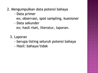 2. Mengumpulkan data potensi bahaya
    - Data primer
      ex; observasi, spot sampling, kuesioner
    - Data sekunder
      ex; hasil riset, literatur, laporan.

 3. Laporan
    - berupa listing seluruh potensi bahaya
    - Hasil: bahaya/tidak
 